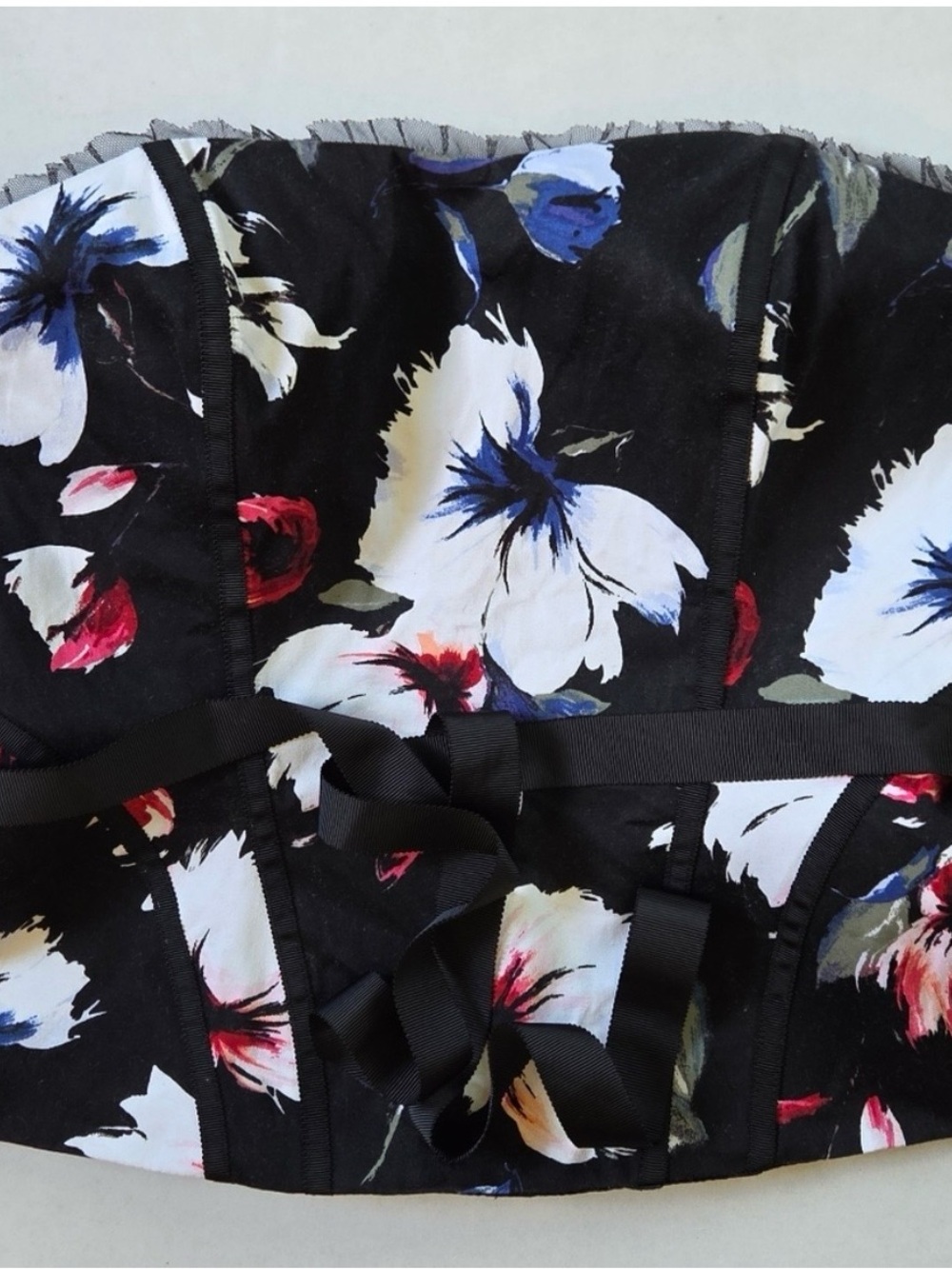 White House Black Market Corset Bustier Womens Size 4 Black Floral Tie Zip